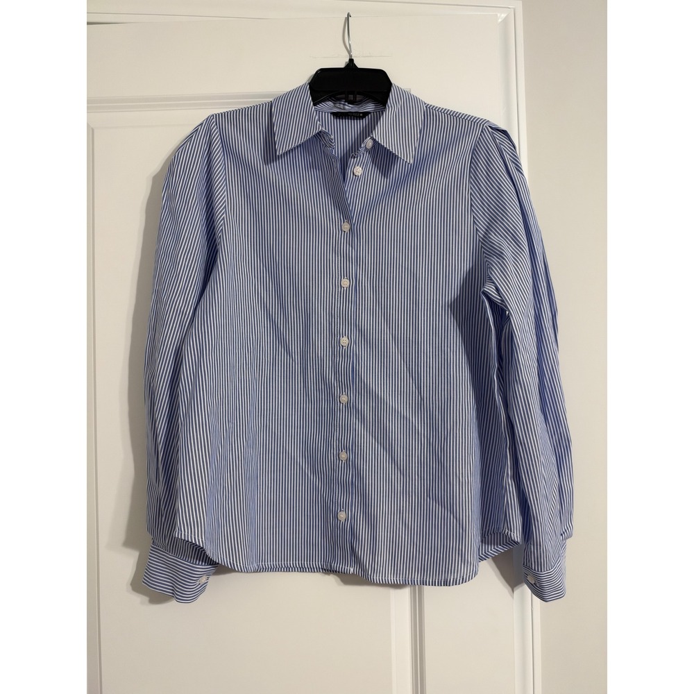 Zara Button Down Shirt Women XS Blue Excellent Pinstripe Long Sleeve Pleated